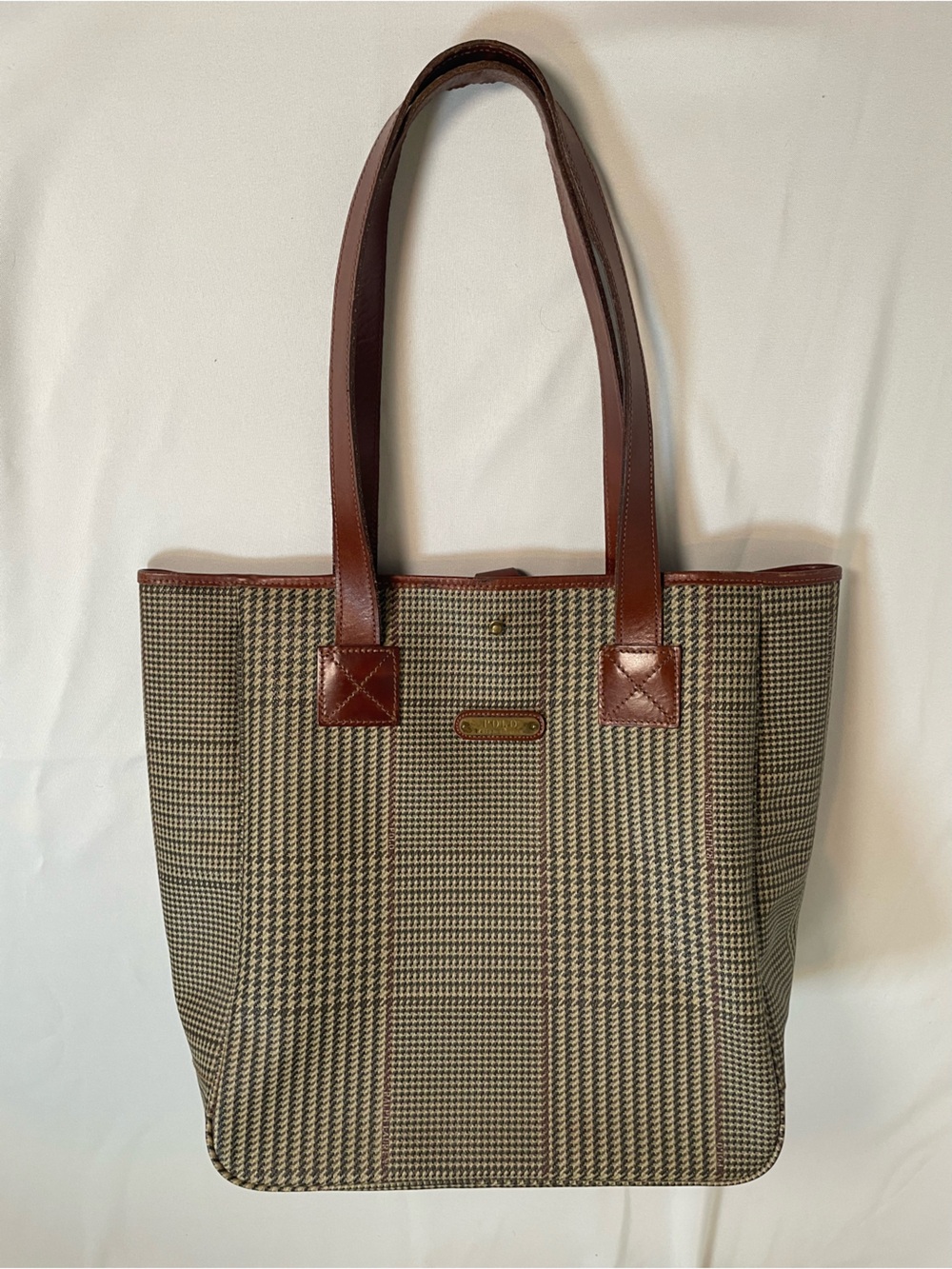 Polo by Ralph Lauren Vintage Brown Houndstooth Tote with Leather Straps
